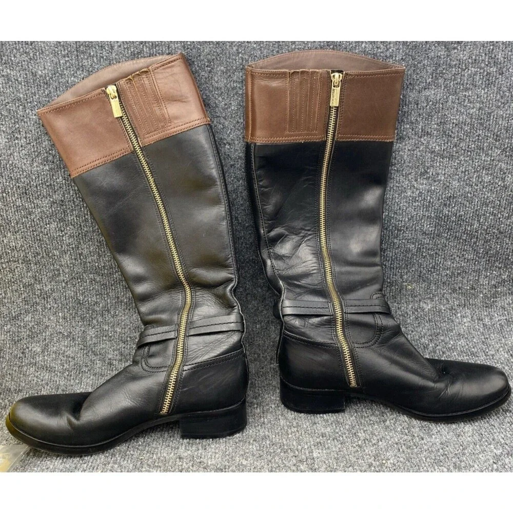 Michael Kors Two-Tone Leather Riding Boots Black Brown Gold MK Logo Size 8.5M